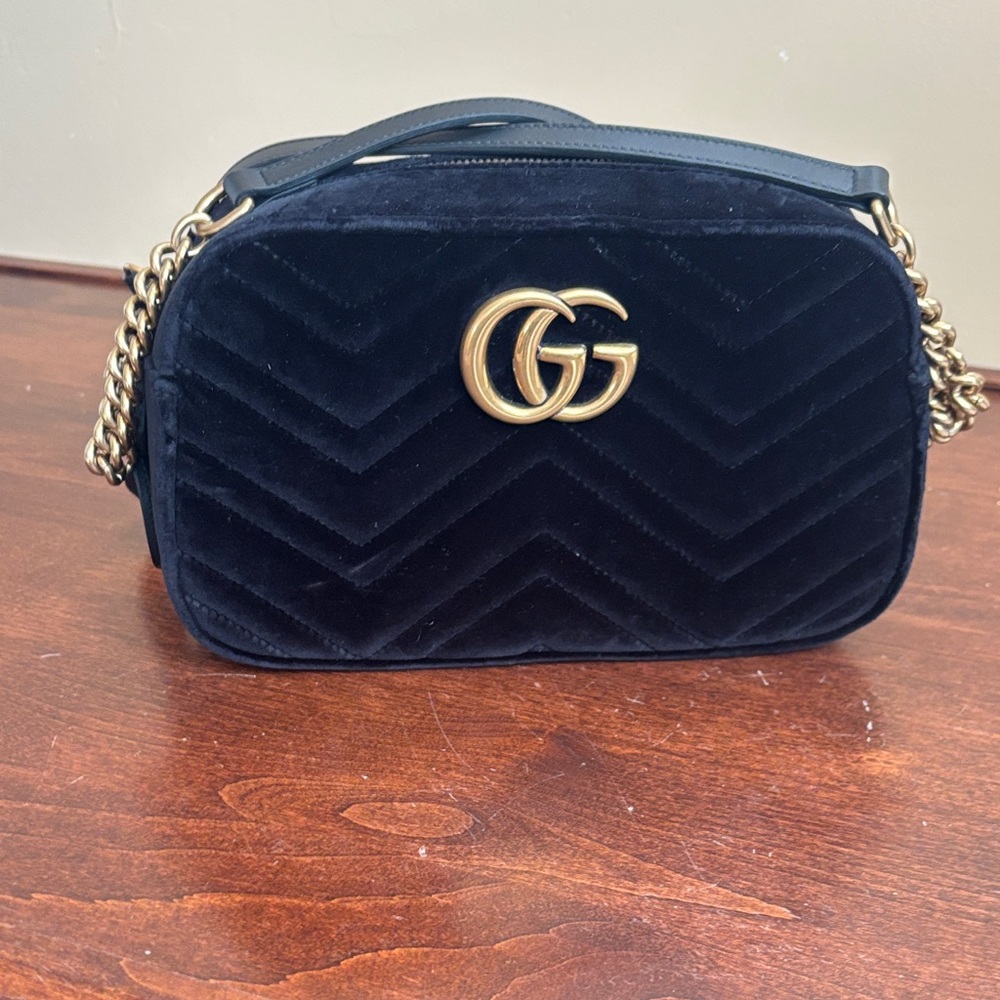 Gucci Black Velvet Crossbody Bag with Gold Accents